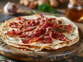 AI generated Italian dried meat mortadella, Italian pizza with mortadella, herbs on wooden plate. Food illustration. Photorealistic, background with bokeh effect. AI generated. photo