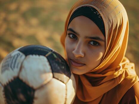 ai generado un musulmán joven mujer en un hijab con un fútbol. retrato de un islámico mujer haciendo Deportes en de cerca. fotorrealista antecedentes con bokeh efecto. ai generado. foto