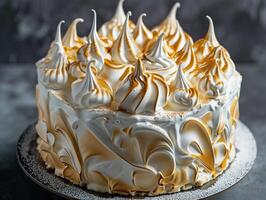 AI generated Dessert with meringue, cake, pie decorated with meringue. Photorealistic. AI generated. photo