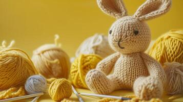 AI generated A handmade knitted bunny with balls of yarn and knitting needles. The concept of manual labor, hobbies, and comfort. Photorealistic, background with bokeh effect. photo