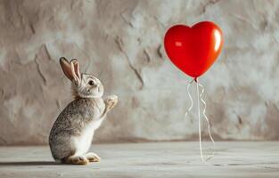 AI generated A grey cute rabbit and red heart-shaped balloon on a grey textured background, copy space. Holiday, Valentine's day, love. Photorealistic, background with bokeh effect. AI generated. photo