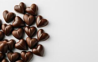 AI generated Heart-shaped chocolates on white background, copy space. Holiday, Valentine's day, love. Photorealistic, background with bokeh effect. AI generated. photo