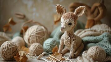 AI generated A handmade knitted fawn with balls of yarn and knitting needles. The concept of manual labor, hobbies, and comfort. Photorealistic, background with bokeh effect. photo