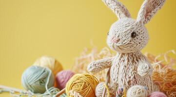 AI generated A handmade knitted bunny with balls of yarn and knitting needles. The concept of manual labor, hobbies, and comfort. Photorealistic, background with bokeh effect. photo