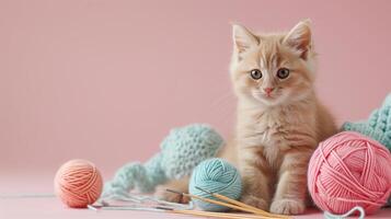 AI generated A handmade cute kitten with balls of yarn and knitting needles. The concept of manual labor, hobbies, and comfort. Photorealistic, background with bokeh effect. photo