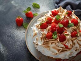 AI generated Dessert with meringue, cake, pie decorated with meringue, berries, flowers. Top view, a place to copy. Photorealistic. AI generated.. photo