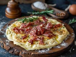 AI generated Italian dried meat mortadella, Italian pizza with mortadella, herbs on wooden plate. Food illustration. Photorealistic, background with bokeh effect. AI generated. photo