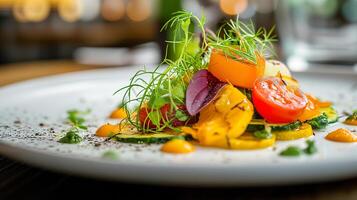 AI generated Vegetarian dish in the style of a gourmet restaurant, close-up on a beautiful plate.  Photorealistic, background with bokeh effect. AI generated. photo