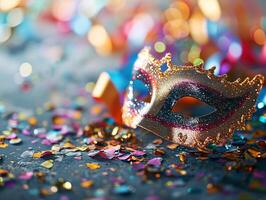 AI generated Beautiful carnival mask on bright shiny colored background, tinsel, sequins, holiday, confetti. New Year's holidays, carnival, birthday. Photorealistic, background with bokeh effect. photo