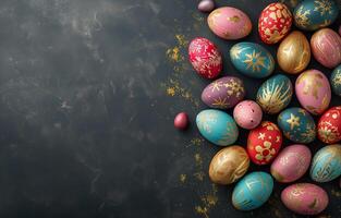 AI generated Colorful Easter eggs with a golden pattern on a dark background. Copy space. Photorealistic, background with bokeh effect. AI generated. photo