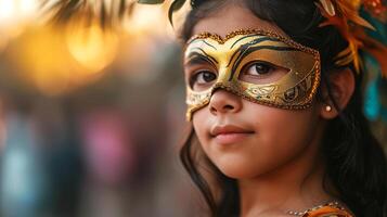 ai generado un joven hermosa latín americano niña en un carnaval mascarilla. nuevo años vacaciones, carnaval, cumpleaños, Venecia. fotorrealista, antecedentes con bokeh efecto. ai generado. foto