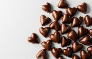 AI generated Heart-shaped chocolates on white background, copy space. Holiday, Valentine's day, love. Photorealistic, background with bokeh effect. AI generated. photo