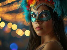 ai generado un joven hermosa latín americano mujer en un carnaval mascarilla. nuevo años vacaciones, carnaval, cumpleaños, Venecia. fotorrealista, antecedentes con bokeh efecto. ai generado. foto