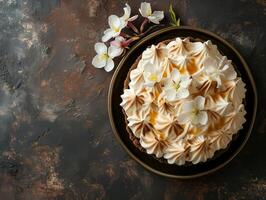 AI generated Dessert with meringue, cake, pie decorated with meringue and flowers. Top view, a place to copy. Photorealistic. AI generated. photo