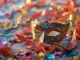 AI generated Beautiful carnival mask on bright shiny colored background, tinsel, sequins, holiday, confetti. New Year's holidays, carnival, birthday. Photorealistic, background with bokeh effect. photo