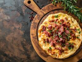 AI generated Italian dried meat mortadella, Italian pizza with mortadella, herbs on wooden plate. Food illustration. Photorealistic, background with bokeh effect. AI generated. photo