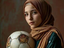 AI generated A Muslim young woman in a hijab with a football. Portrait of an Islamic woman doing sports in close-up. Photorealistic background with bokeh effect. AI generated. photo