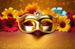 AI generated Golden Bright Carnival Eye Mask on Bright Background photo