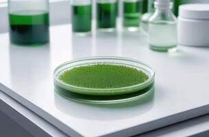 ai generado algas, microalgas en petri platos investigación en laboratorios. biotecnología, ciencia. macro. biocombustible investigación proceso en laboratorio. generativo ai foto
