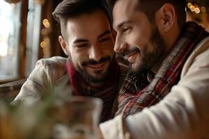 AI generated Young gay couple spending time together at cafe, focus on the man photo
