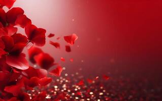 AI generated Red rose petals flying in the air with bokeh background photo