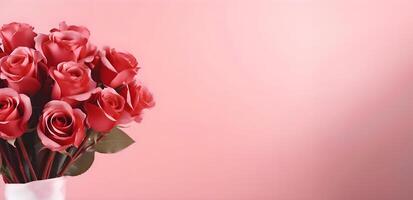 AI generated Red rose on a pink background with copy space, valentines day concept photo