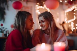 ai generado dos hermosa joven mujer sentado en un café y mirando a cada otro. foto