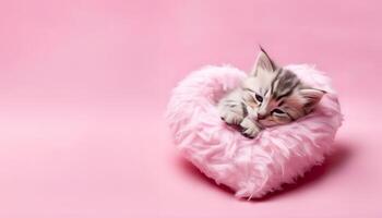 AI generated Cute little kitten sleeping in pink fluffy pillow on pink background. photo