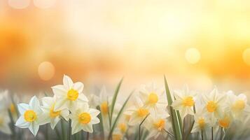 AI generated White daffodils on a beautiful blurred background, copy space. photo