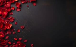 AI generated Red rose petals on black background. Valentines day background, flat lay photo