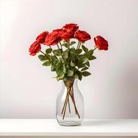 ai generado rojo rosas en un florero en un blanco estante en contra un blanco pared foto