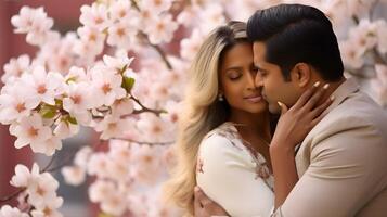 AI generated Bride and groom under a beautiful flowering tree. photo