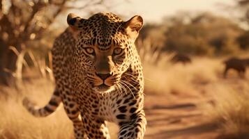 AI generated A leopard runs in the savannah. photo
