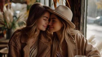 ai generado dos hermosa joven mujer en un cafetería. un niña en un beige Saco y un sombrero Besos su novia. foto