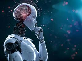 AI generated Artificial intelligence digital technology concept. Robot with hologram brain and big data analytics, ai, brain, future, technology, concept, business, robot photo