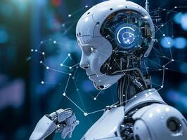 AI generated Artificial intelligence digital technology concept. Robot with hologram brain and big data analytics, ai, brain, future, technology, concept, business, robot photo