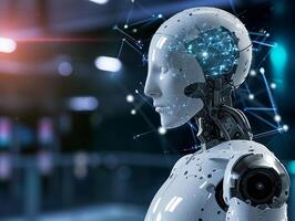 AI generated Artificial intelligence digital technology concept. Robot with hologram brain and big data analytics, ai, brain, future, technology, concept, business, robot photo