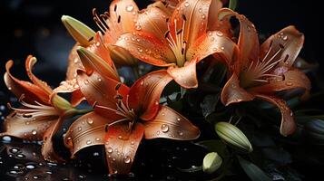 AI generated Bouquet of orange lilies in studio light. Raindrops. Dark background. Place for text. Copy space. Horizontal format. Macro photography. photo