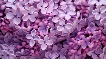 AI generated Lilac flowers texture background. Desktop wallpaper. Copy space. Horizontal format. photo