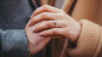 AI generated Hands of a couple with an engagement ring. Macro photography. Copy space. Horizontal format. photo