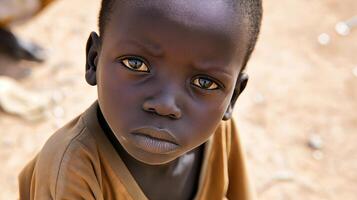 ai generado retrato de un africano americano niño desde arriba. triste facial expresión. Copiar espacio. horizontal formato. foto