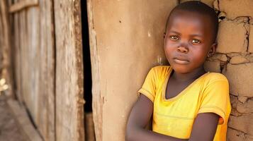 AI generated Portrait of an African American child boy wearing a yellow T-shirt. He was leaning against a wall in a poor neighborhood. Copy space. photo