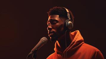AI generated African American singer in an orange sweatshirt with a microphone on a dark background. Copy space. Photo for banner.