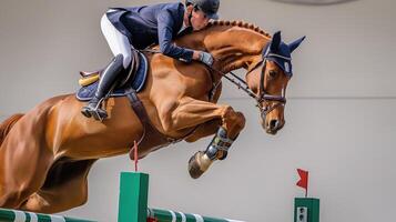 AI generated A man jumps on a horse over an obstacle at a show jumping competition. Horse in flight. Horizontal format. photo