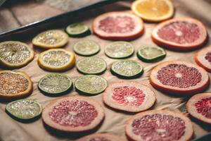 Sliced orange, tangerine and grapefruit slices on baking sheet, preparing citrus wedges for Christmas garland photo