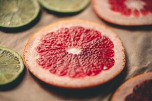 Sliced orange, tangerine and grapefruit slices on baking sheet, preparing citrus wedges for Christmas garland photo