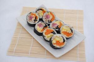 Sushi rolls on a plate on a white background. Japanese food photo