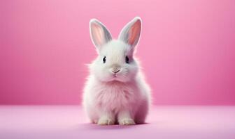 Cute fluffy white rabbit on a pink background. Generated by artificial intelligence. photo