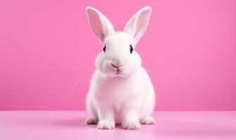 Cute fluffy white rabbit on a pink background. Generated by artificial intelligence. photo