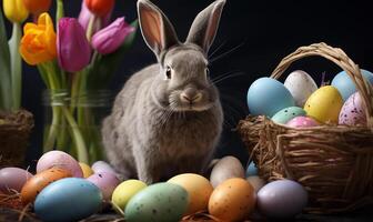 Easter bunny with a basket of colorful eggs. Created by artificial intelligence. photo